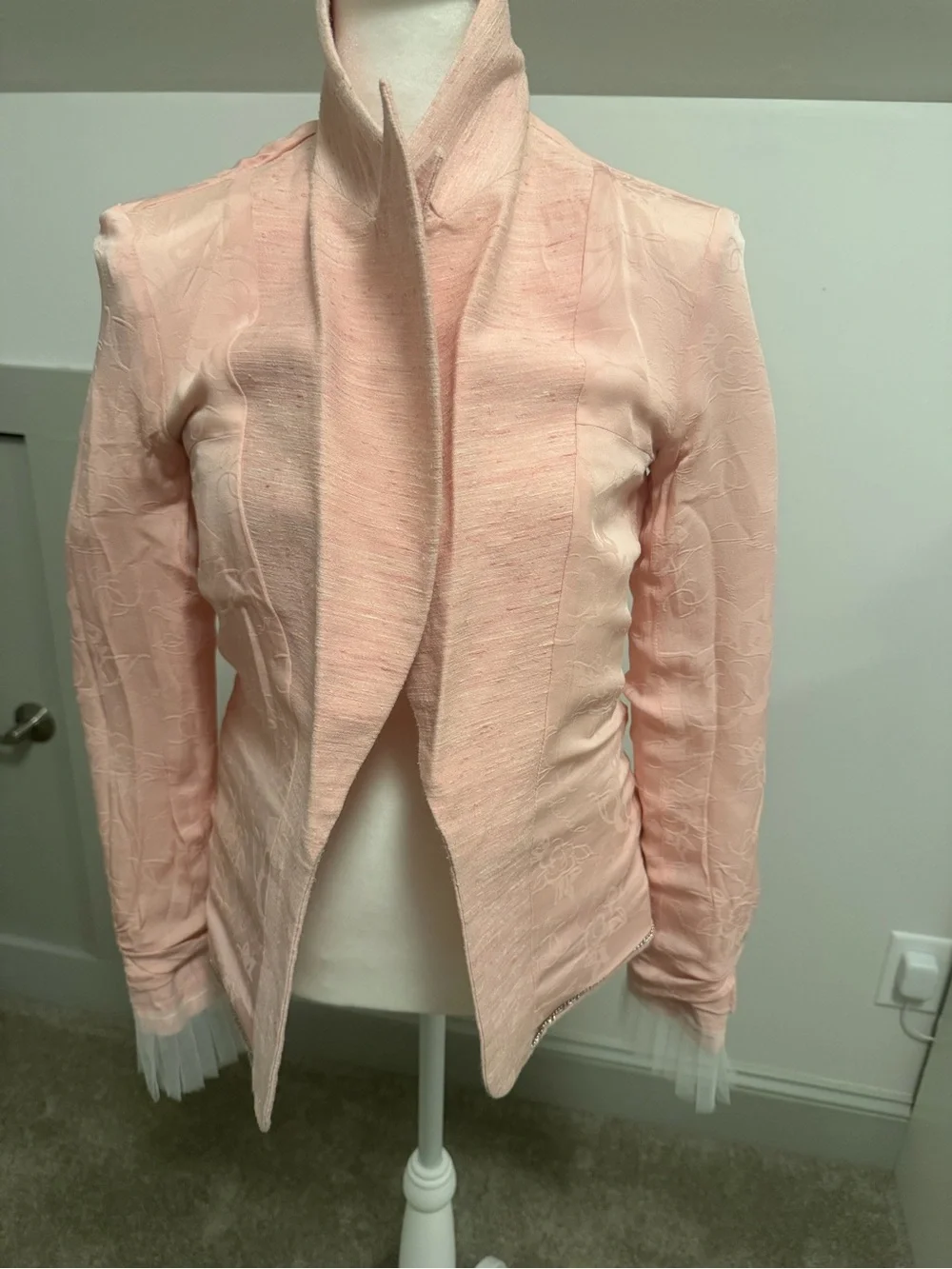 Chanel 17C Coco Cuba Pink Tweed Silk Blazer Pleated Tulle Cuff *Collectors Item*